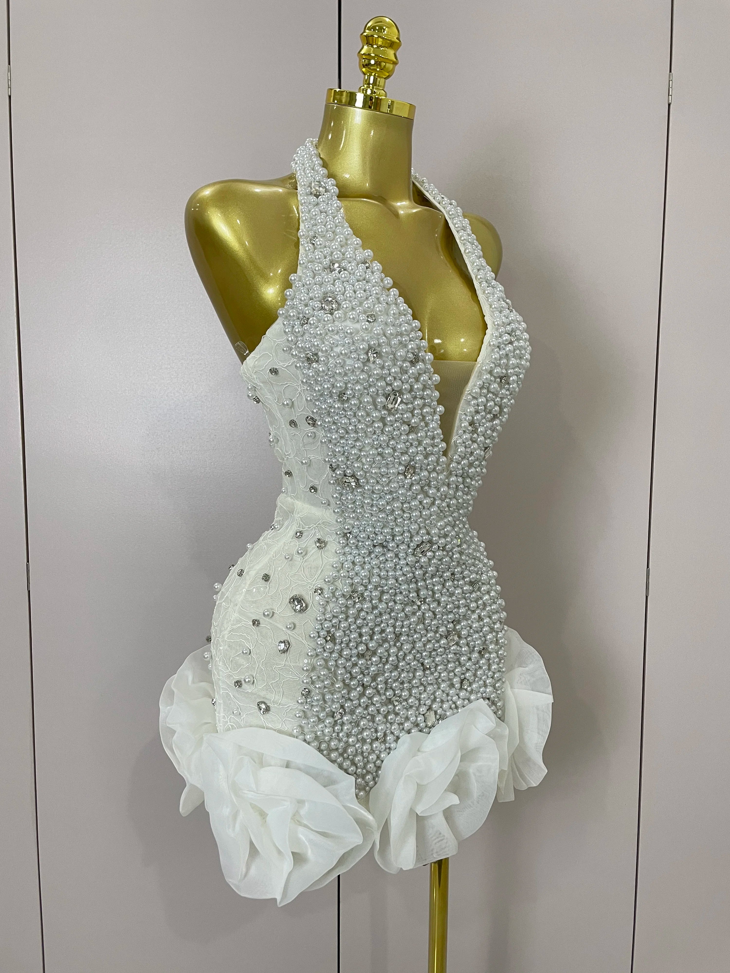 High Quality Luxury Shiny Diamonds Pearl Flowers Deep V Halter Short Dress Women Celebrate Eveing Celebrity Birthday Party Dress