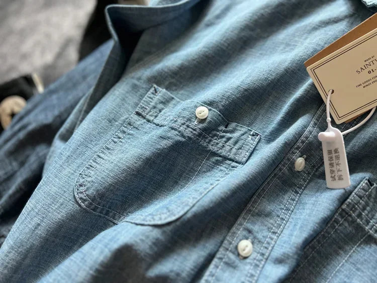 Japan Retro Bamboo Yarn Denim Casual Shirt Cool Hong Kong Style Long Sleeve Loose Spring Autumn 100% Cotton Washed Workwear Tops