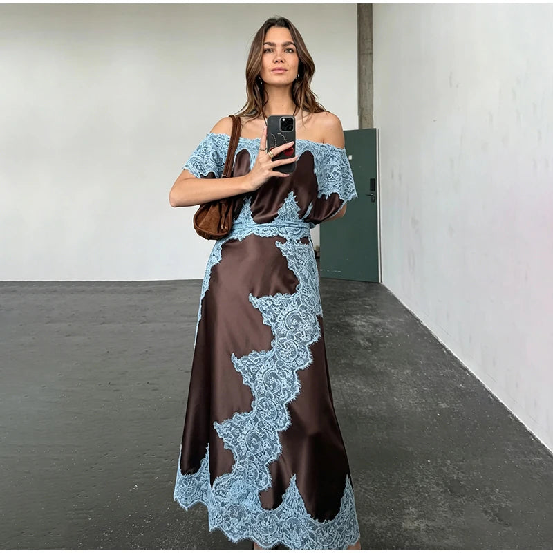 Elegant Lace Patchwork Long Women's Dress Urban Skew-collar Short Sleeve Empire Female Dresses 2026 Summer Vacation Lady Robe