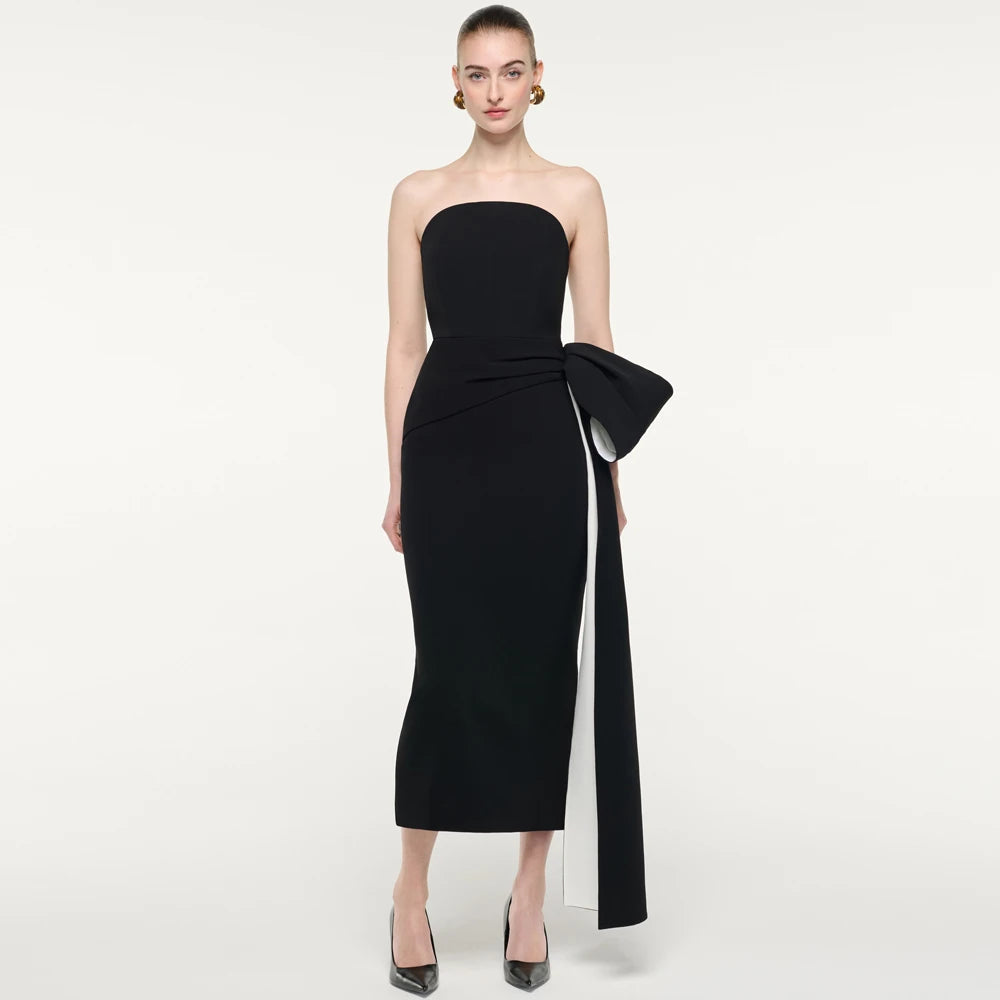 Evening Dress Customized Design Sexy Strapless Off Shoulder Waist Bow Tea Length Column for Prom Gown Bridesmaid Party Dresses