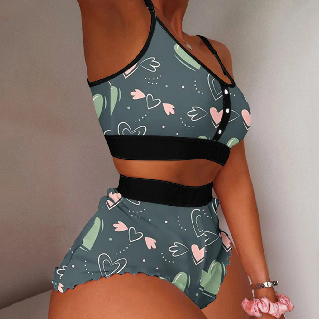 Women Sexy Printing Pajamas Sleeveless Shorts Lingerie Sleepwear Set Women Swimsuits