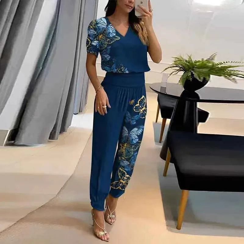 2025 New Long Pant Sets Summer Fashion Casual V-neck Print Short Sleeve Trousers Suit Two-piece Set 2 Piece Sets Women Outfit