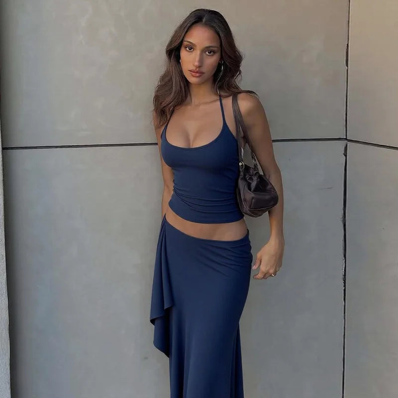 Hugcitar Fashion 2 Pcs Sets Halter Solid Backless Lace Up Sexy Crop Tank Top Ruched Maxi Skirt Women Outfit Beach Vacation Sport