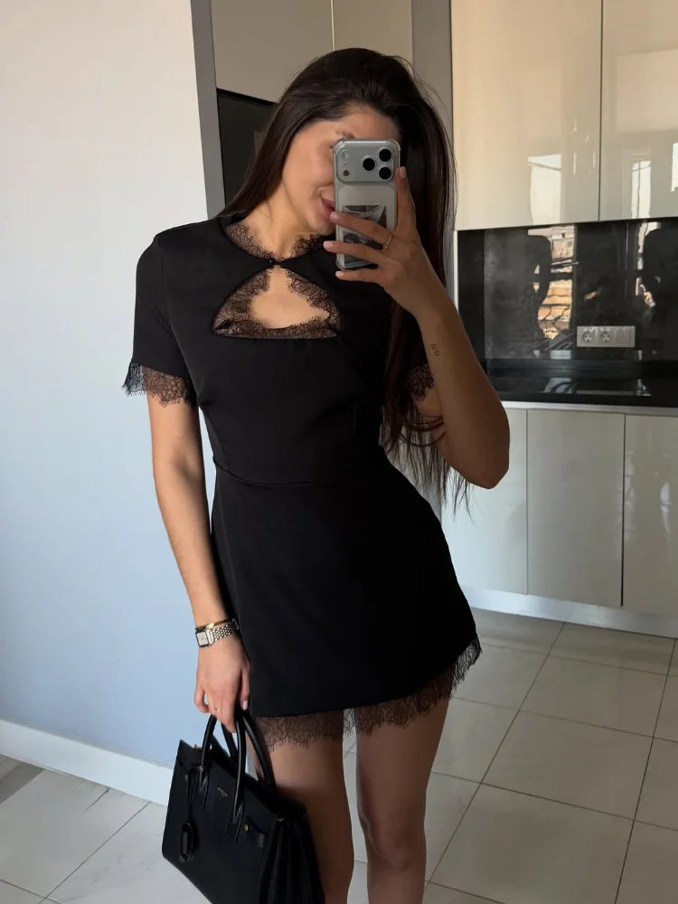 Sexy Lace Patchwork Dress Women Hollow Out O-neck Short Sleeve Black Slim Short Dresses 2026 Spring Summer Party Club Robes Lady
