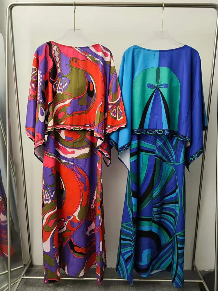 2026 Summer Women's Clothing Retro Geometric Print Loose Short Pullover Two-piece Set + Long Sexy Suspender Dress Fashion Suit