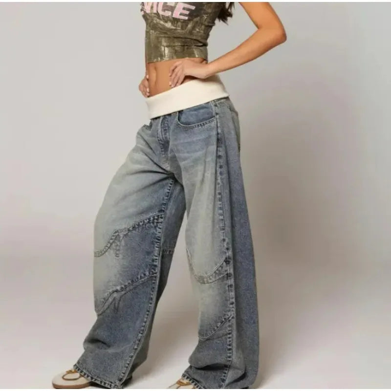 UNITIM Women Denim Pant American Streetwear Patchwork Lady Straight-leg Pant Loose Washed Distressed Female Casual Trousers