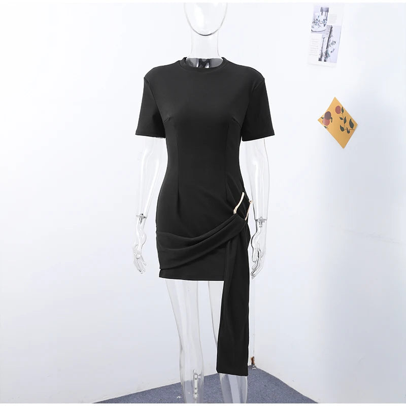 Elegant Mini Dress Woman Ribbons Slim O-neck Short Sleeve Above Knee Dresses Female Spring Summer Party Robe Lady High Street
