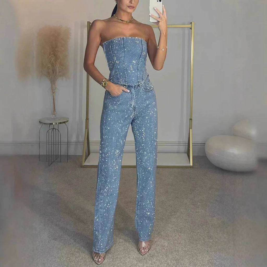 Denim Pant Set Women Two Piece Sets Sexy Strapless Sleeveless Tops Long Pants High Waist Y2k Streetwear Elegant Work 2026