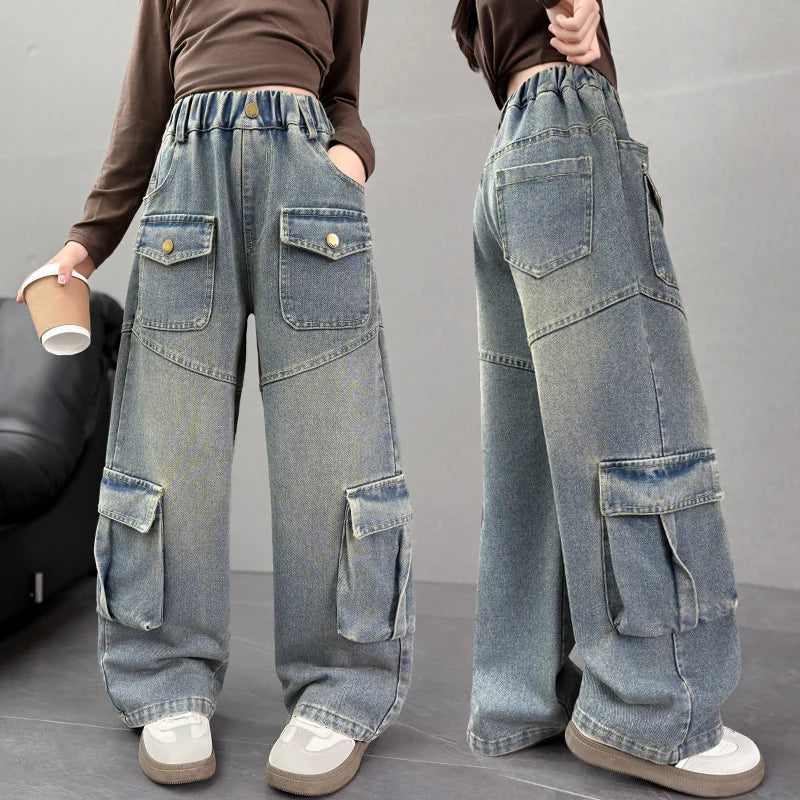 Elegant Fashion Kids Children Cargo Jeans Pants with Multi Pocket for Teenage Girls Loose Straight Casual Denim Trousers 5-14 Y