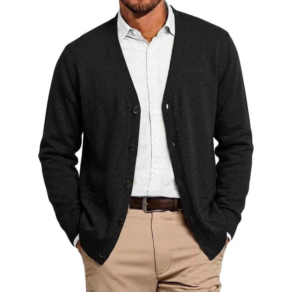 Mens VNeck Open Cardigan Jumper Button Front Knit Apparel Long Sleeve Knit Sweat Tops with Pockets Outer Garment for Males