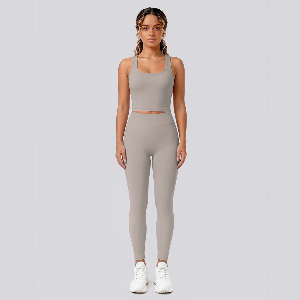 2PCS Solid Color Yoga Set for Woman's Gather Beautiful Back I-shaped Vest Shock-absorbing Running Yoga Tank Top Push Up Pants
