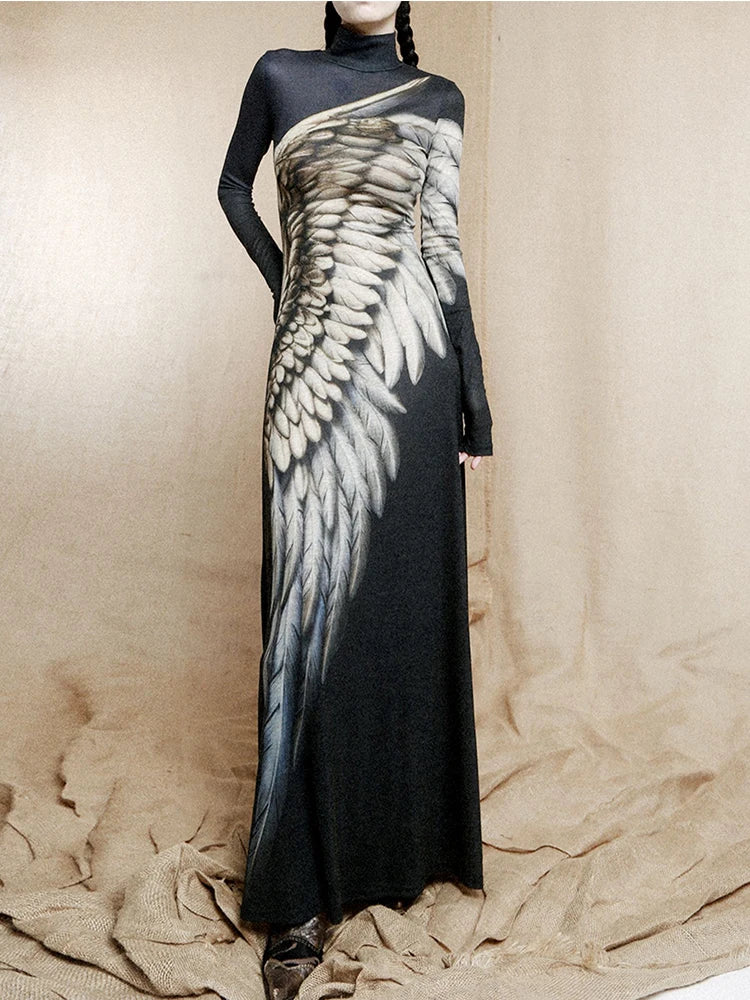 CHEERART Vintage Wing Feather Long Sleeve Dresses Fall 2025 Fashion Woman Turtleneck Mesh A Line Maxi Dress Evening Luxury