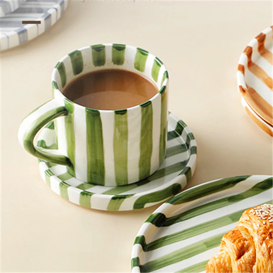 280ml/9.5oz afternoon tea coffee cup, Minimalist striped hand drawn cup and plate set, ceramic milk coffee cup, household drinki