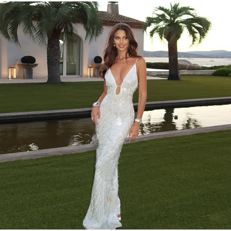 Women Sequin Sling Maxi Dress V-neck Solid Backless High Waist Sleeveless Dresses 2025 Fashion New Summer Lady Party Robes