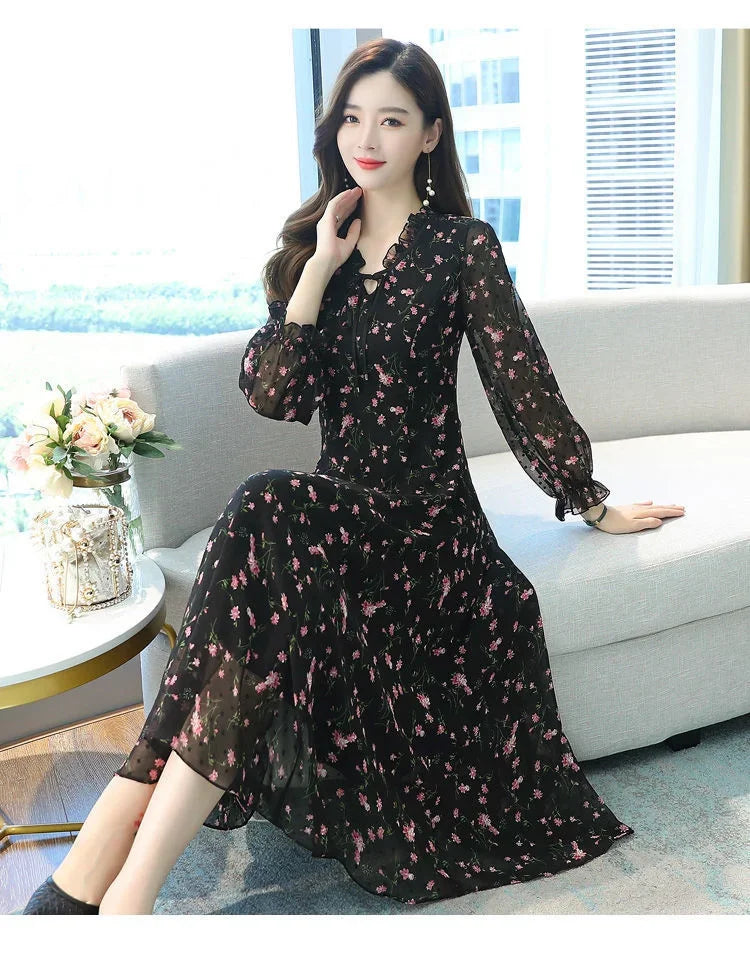 Woman Dress Summer Autumn New Long Sleeve Small Floral Chiffon Dress Dress Vestido De Mujer