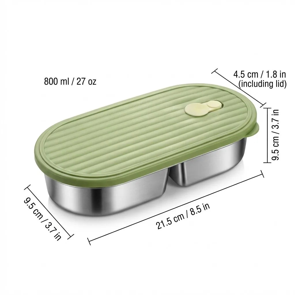 Microwaveable 304 Stainless Steel Bento Box Oval Divided Lunch Box 2 Grids Food Storage Container For Kids Students School
