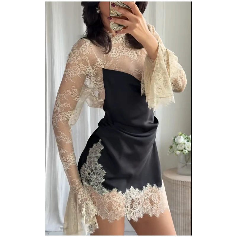 Elegant Sexy Lace Patchwork Mini Dress Women Full Flared Sleeve Waist Cinching See Through Short Dresses Lady Club Party Gowns