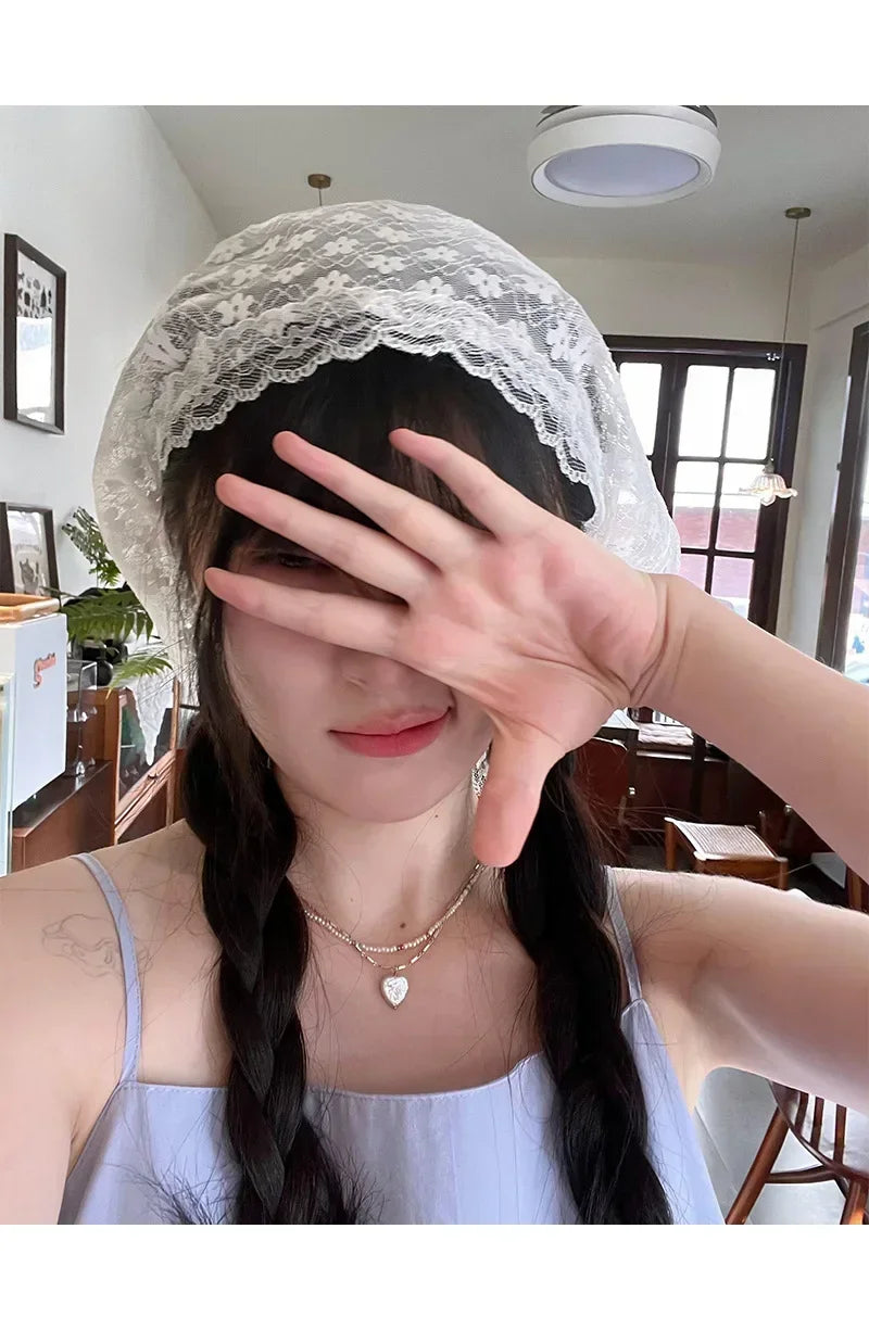 Summer Headwear Headdress with French Pastoral Triangle Hair Scarf Women Girls Lace Band