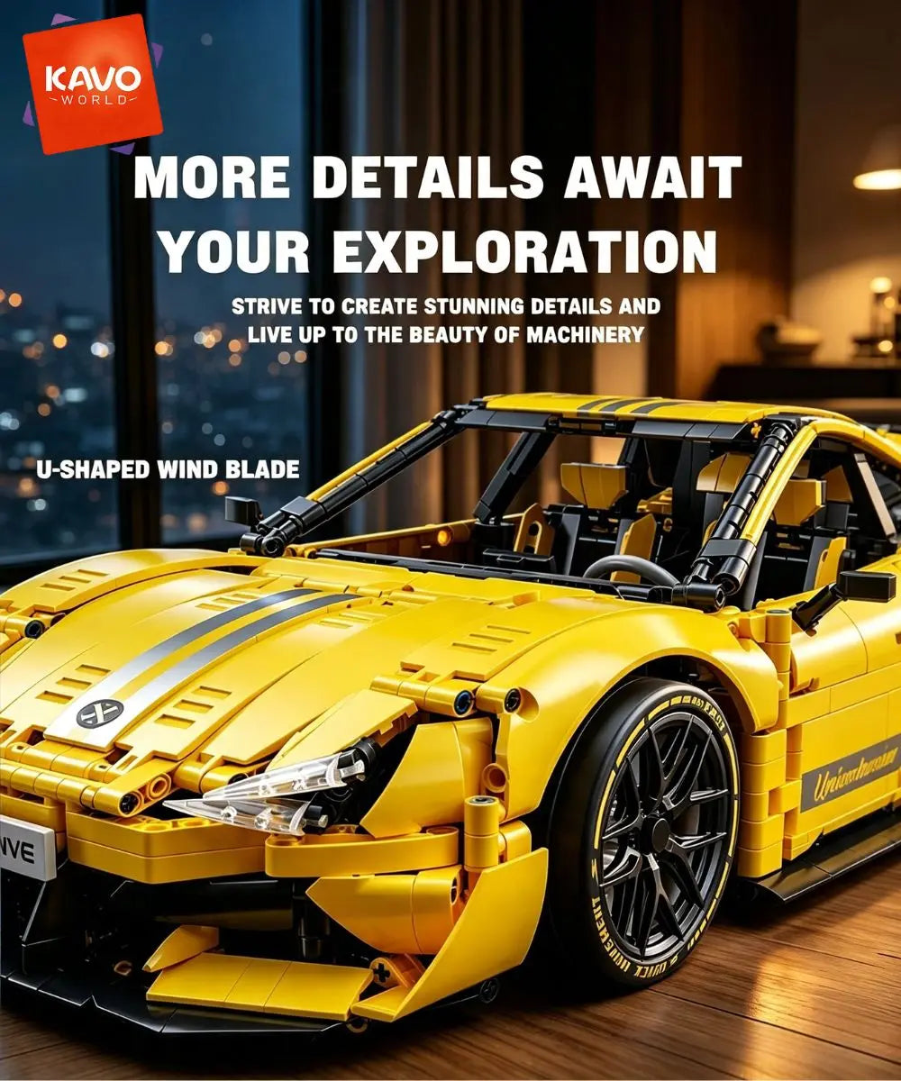 KAVOWORLD 2143pcs Yellow 1:10 Building Block Racing Car Sports Supercar Road Coupe Drift Vehicle Construction Kit with Movable Doors Adjustable Rear Wing DIY Assembly STEM Toys Home Desk Decor Hobby Christmas Halloween Birthd