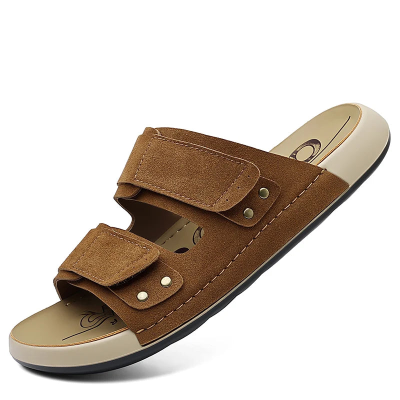 2026 Mens Sandals Slip On Leather Casual Couple Shoes For Men Soft Comfortable Mens Summer Shoes Handmade Men Outdoor Slippers