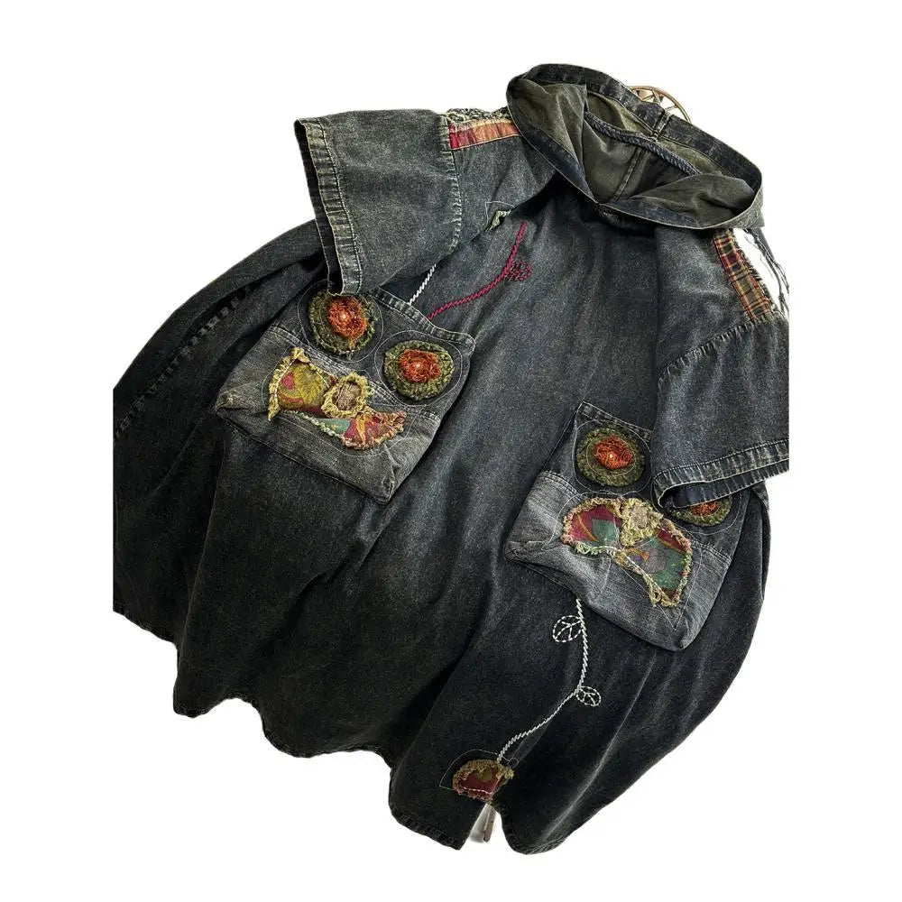 2026 Spring Artistic Ethnic Chinese-style Thin Denim Hooded Embroidered Short-sleeved Dress Women JLJ891