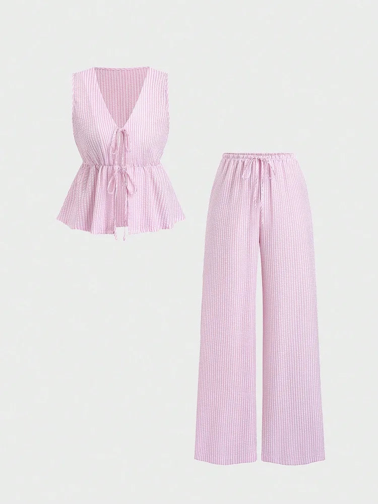 Casual Striped 2 Piece Outfits Women's Summer New Tie Front Cinched Waist Sleeveless Tank Top And Wide Leg Pants Loungewear Sets