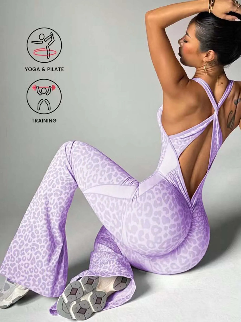 Women Leopard Print Cross Back Flared Jumpsuit Seamless Butt Lifting Yoga Bodysuit High Elastic Workout Fitness Sports Jumpsuit