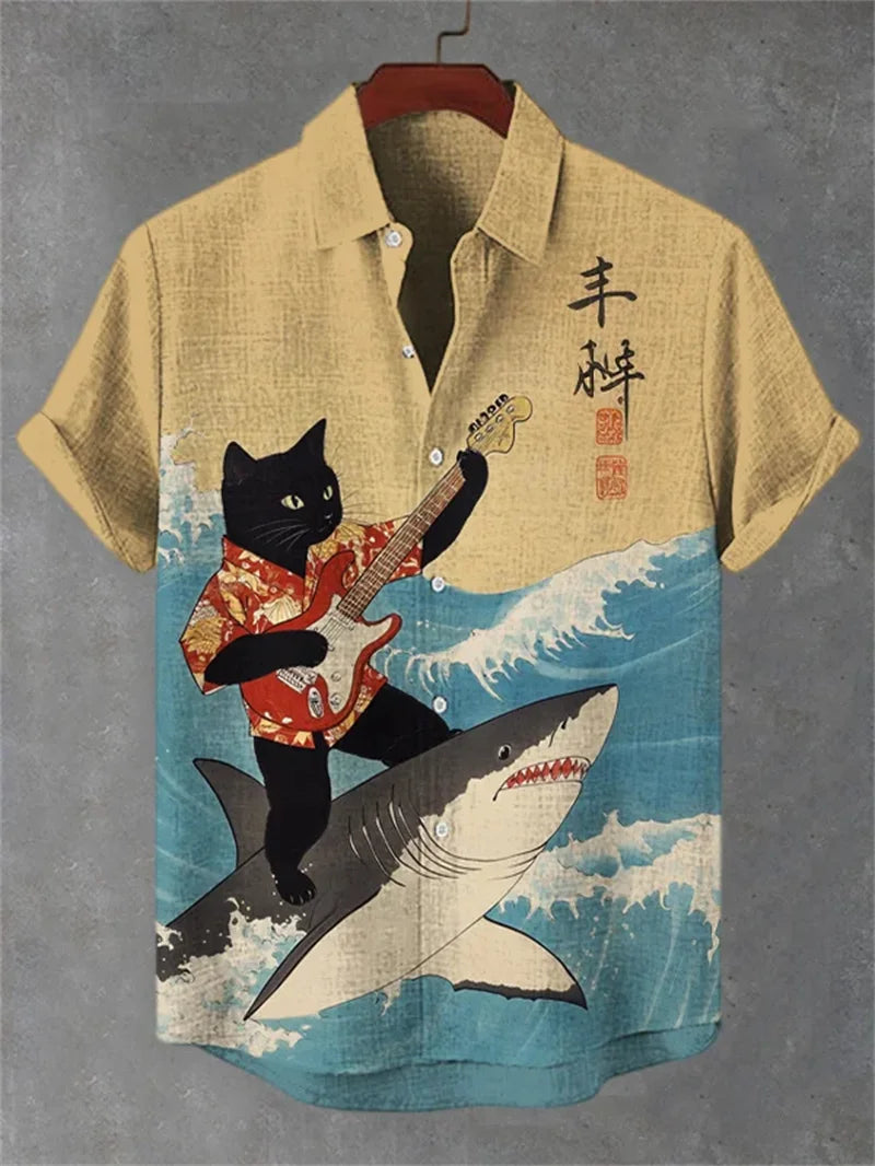 Hawaiian Linen Short Sleeved Shirt Men's Cat Print Short Sleeved Shirt Top with Collar for Casual Vacation Clothing Top