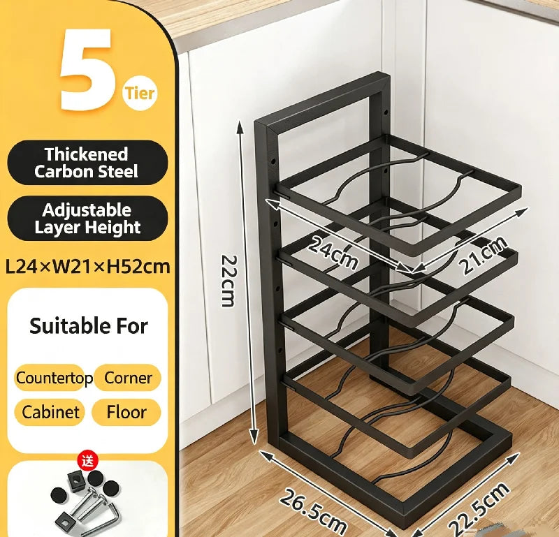 Adjustable Pot Rack Organizer, Kitchen Carbon Steel Pot Storage Rack, Multi-Layer Household Pot and Pan Organizer for Cabinet Un