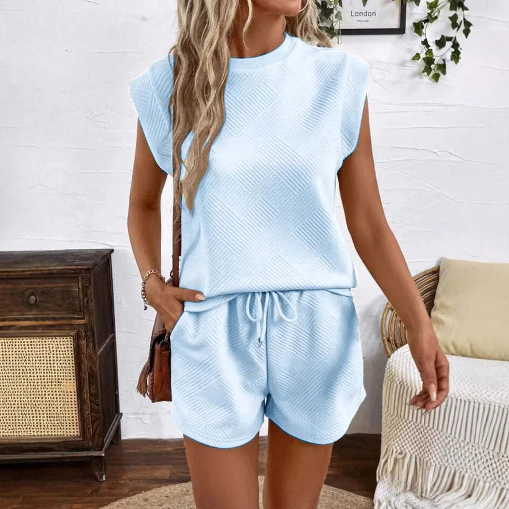 Women Shorts Pant Set Two Piece Sets Round Neck Solid Casual Loose Tops Short Pants Lace Up Elastic Waist Y2k Streetwear 2026