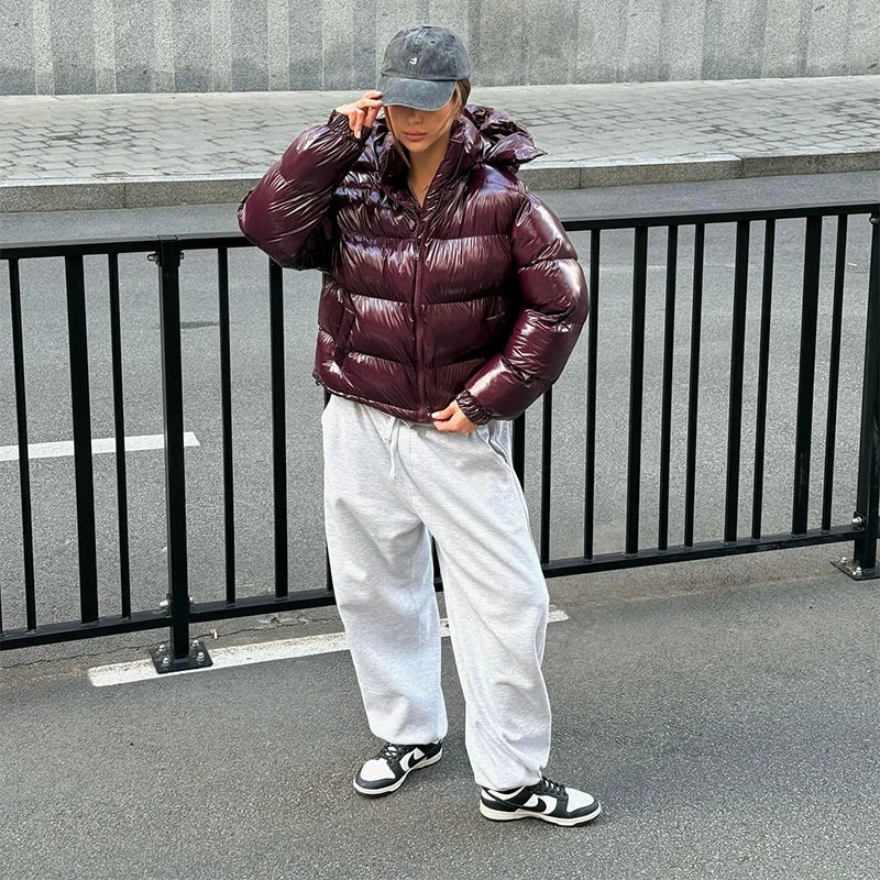 High Street Women's Glossy Zipper Hooded Coats Warm Elastic Waist Pleated Short Cotton Female Jacket 2026 Winter New Lady Outfit