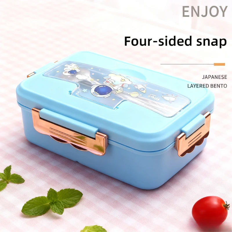 Cartoon Pattern Lunch Box for Students Three Grids Food Grade Plastic Bento Box with Tableware Microwave Heating Office Meal Box