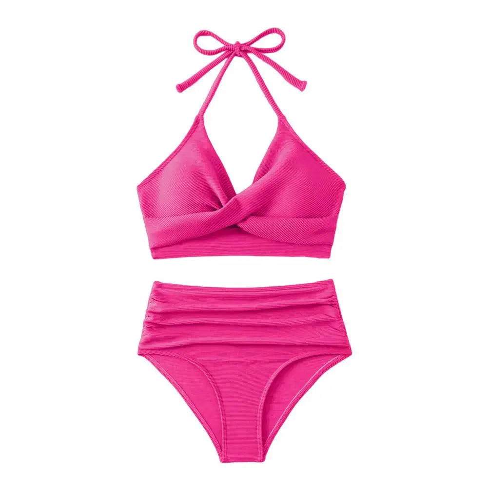Bikini Set with Pleated Design 2pcs Summer Bikini Set with Padded Halter Bra Pleated High Waist Swimming Trunks Solid for Women