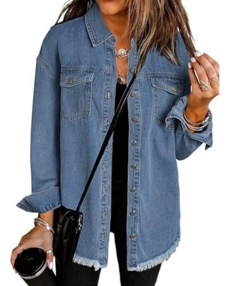 Women's Trendy Washed Denim Jacket New Spring Autumn Trimmed Edges Casual Classic Fit Jeans Jacket for Ladies