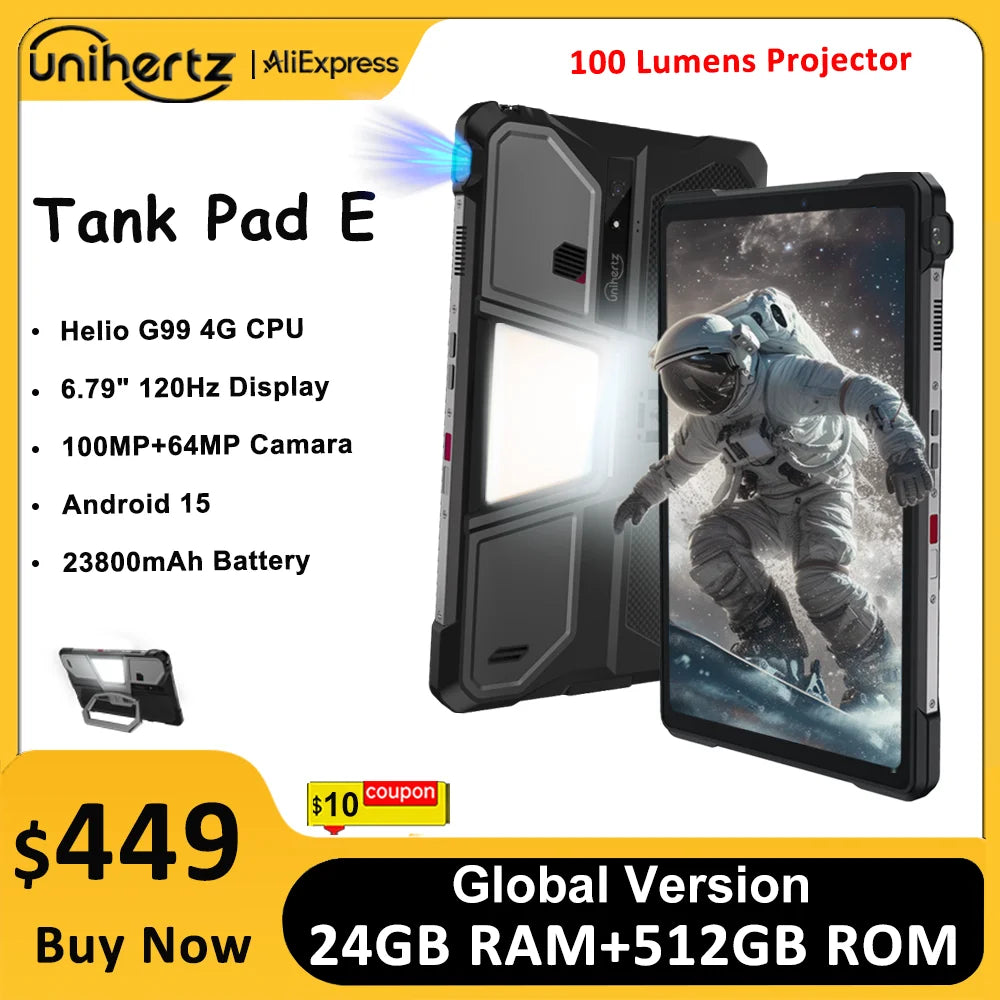Unihertz 8849 TANK PAD E Rugged Tablet with Projector Android 21000mAh 120Hz 50MP Camera 24GB 512GB 66W 10.95 inch Phone Tablet