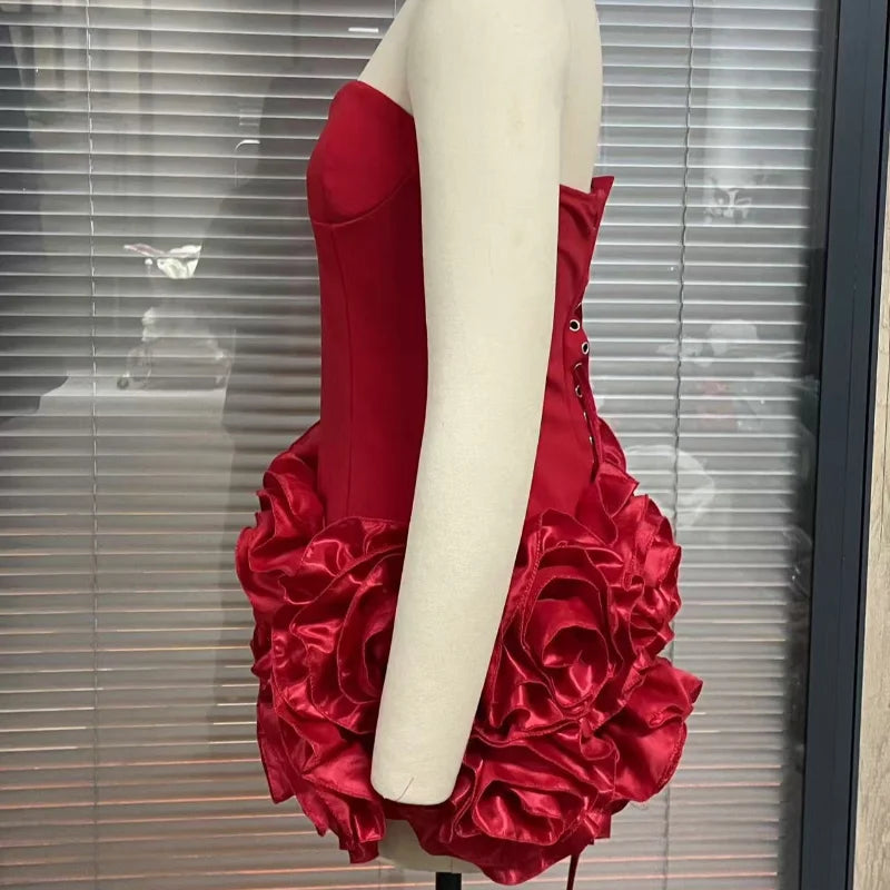 3D Flower Strapless Dresses Women Sexy Backless Sleeveless Tube Mini Dress 2026 Summer New Lady Elegant Bandage A-line Vestidos