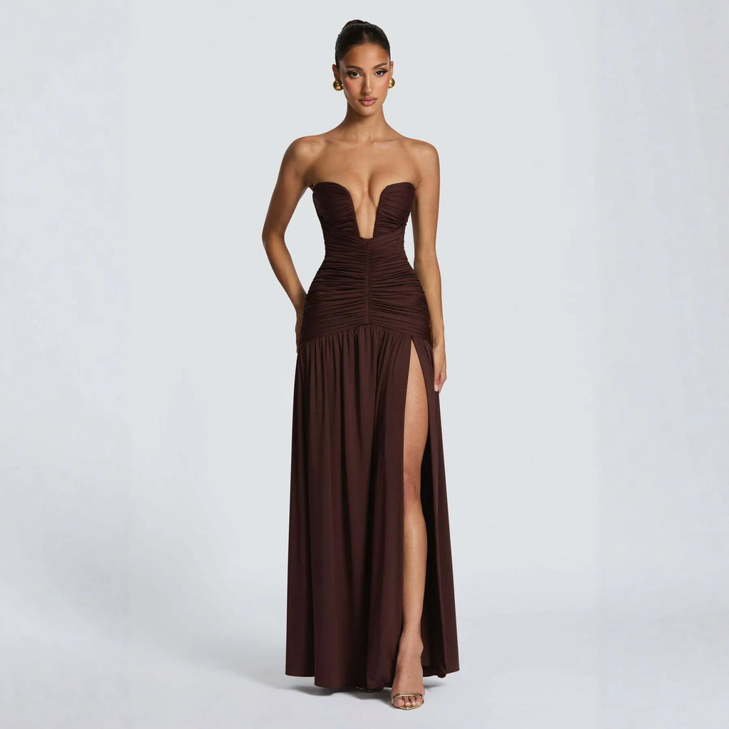 Solid Color Sexy Strapless High Slit Pleated Slim Fit Dress for Birthday Party Dinner Party Graduation Party Dress