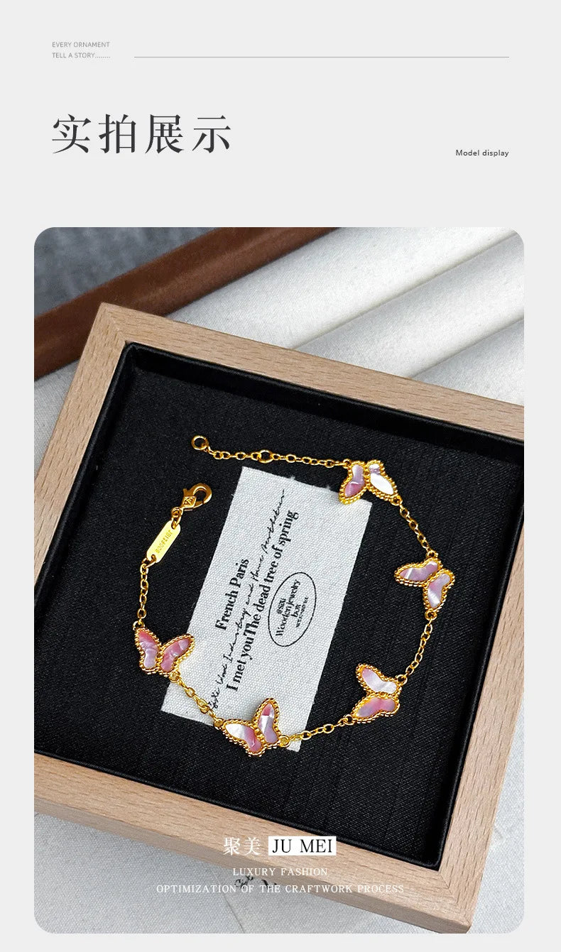 Light luxury high-end five butterfly bracelets 9999 24K real gold versatile ins style mother-shell pink women's bracelets