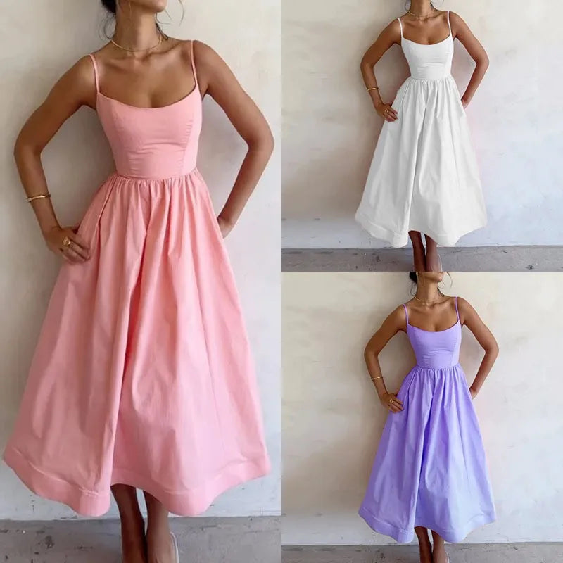 Summer Dress Woman White Spaghetti Strap Dresses Women's Sleeveless High Waist Maxi Dress Pastel Lavender Cotton Look Fabric