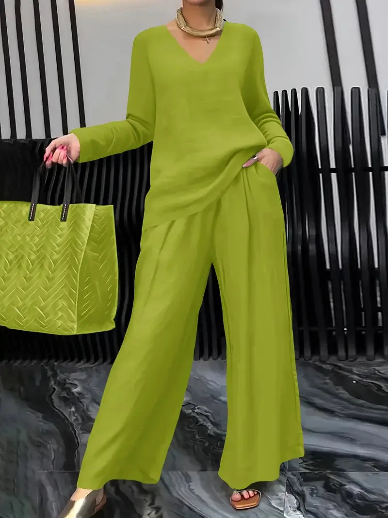 Summer New Pant Sets Fashionable V-neck Top+ Long Pants 2 Piece Set 2026 Women's Casual Loose Outfit Two Pieces Set Female Suit