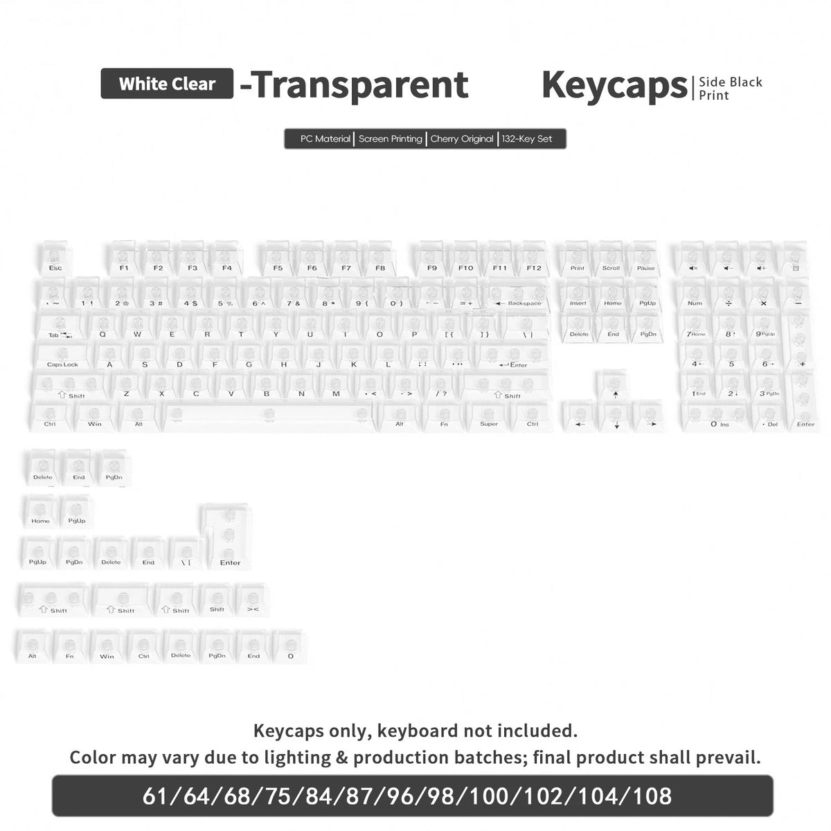 PC Keycaps Clear Transparent & Frosted Translucent White Black Full Set for Mechanical Keyboard 61 68 75 84 87 89 96 98 100 104