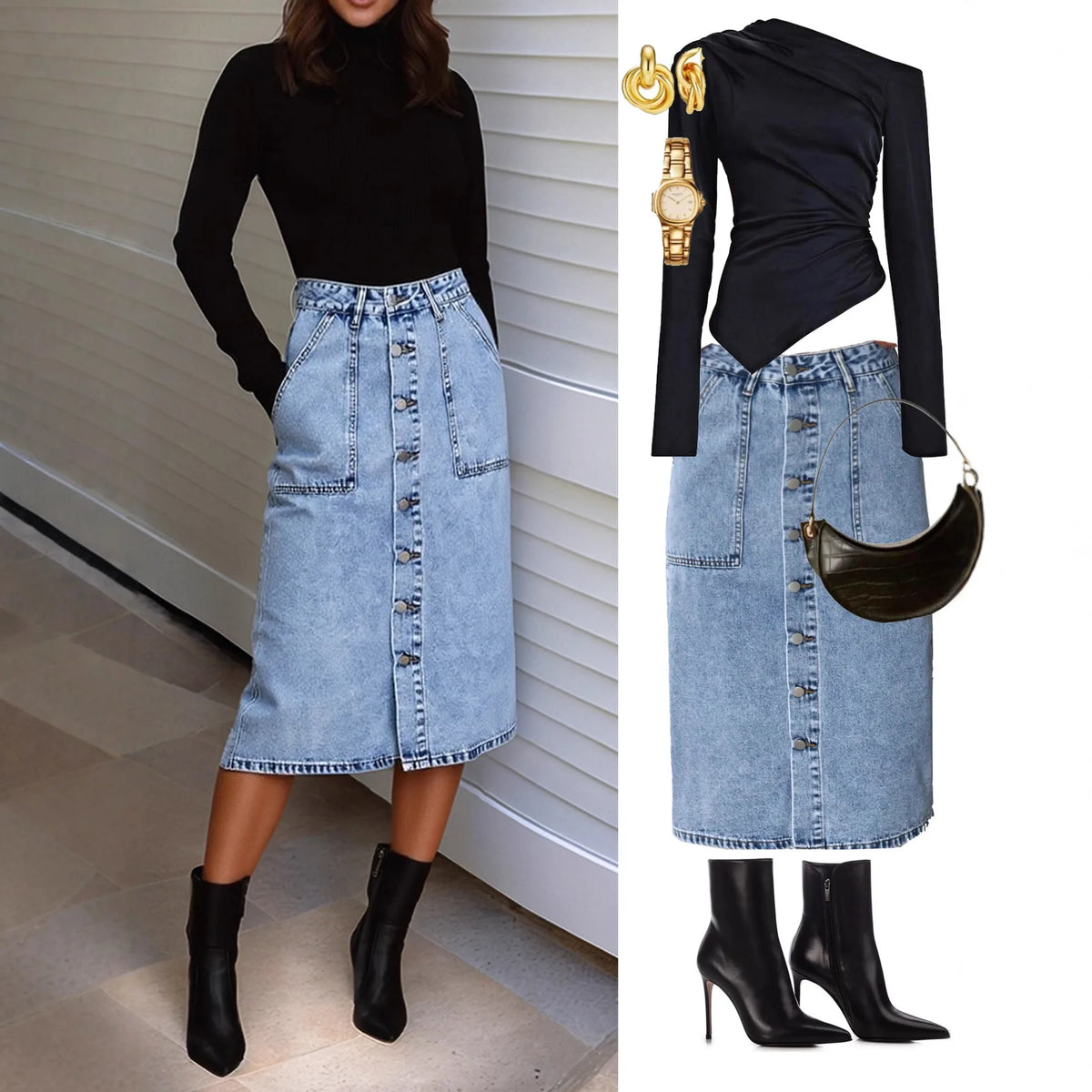 European Beautiful Woman High Waist Elastic Medium and Long Denim Skirt, Thin Split Fork Over Knee Hip Wrap One Step Skirt