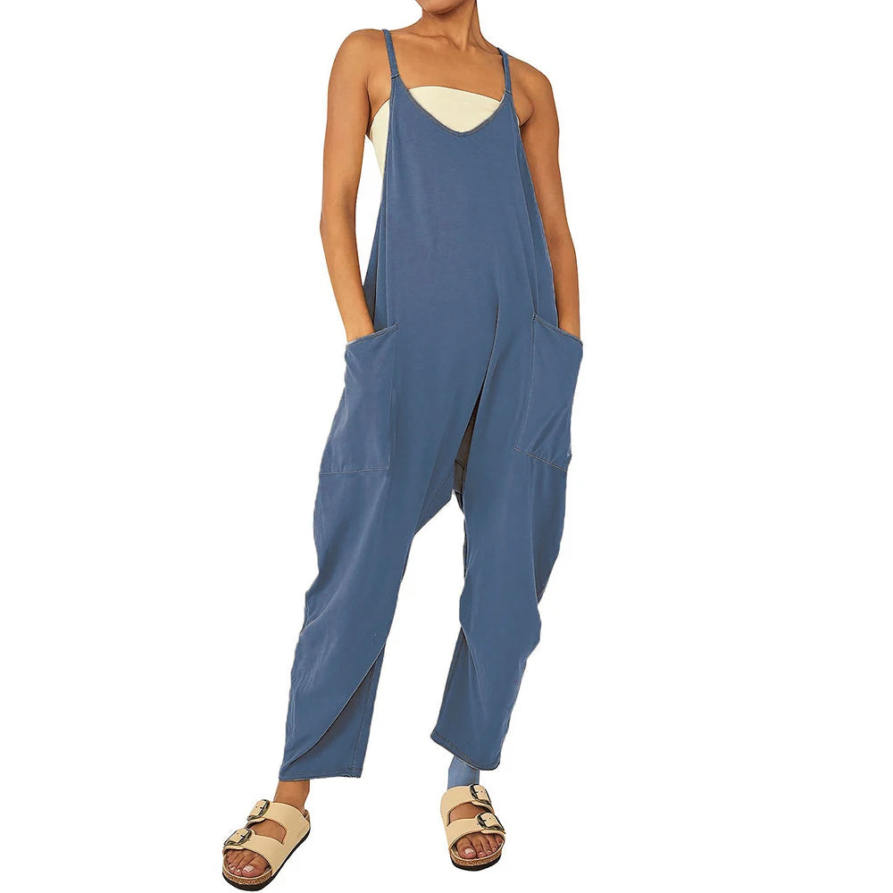 Women Casual Spaghetti Strap Sleeveless Jumpsuit Vintage Harajuku Wide Leg Loose Pants Summer Solid Oversize Overalls Rompers