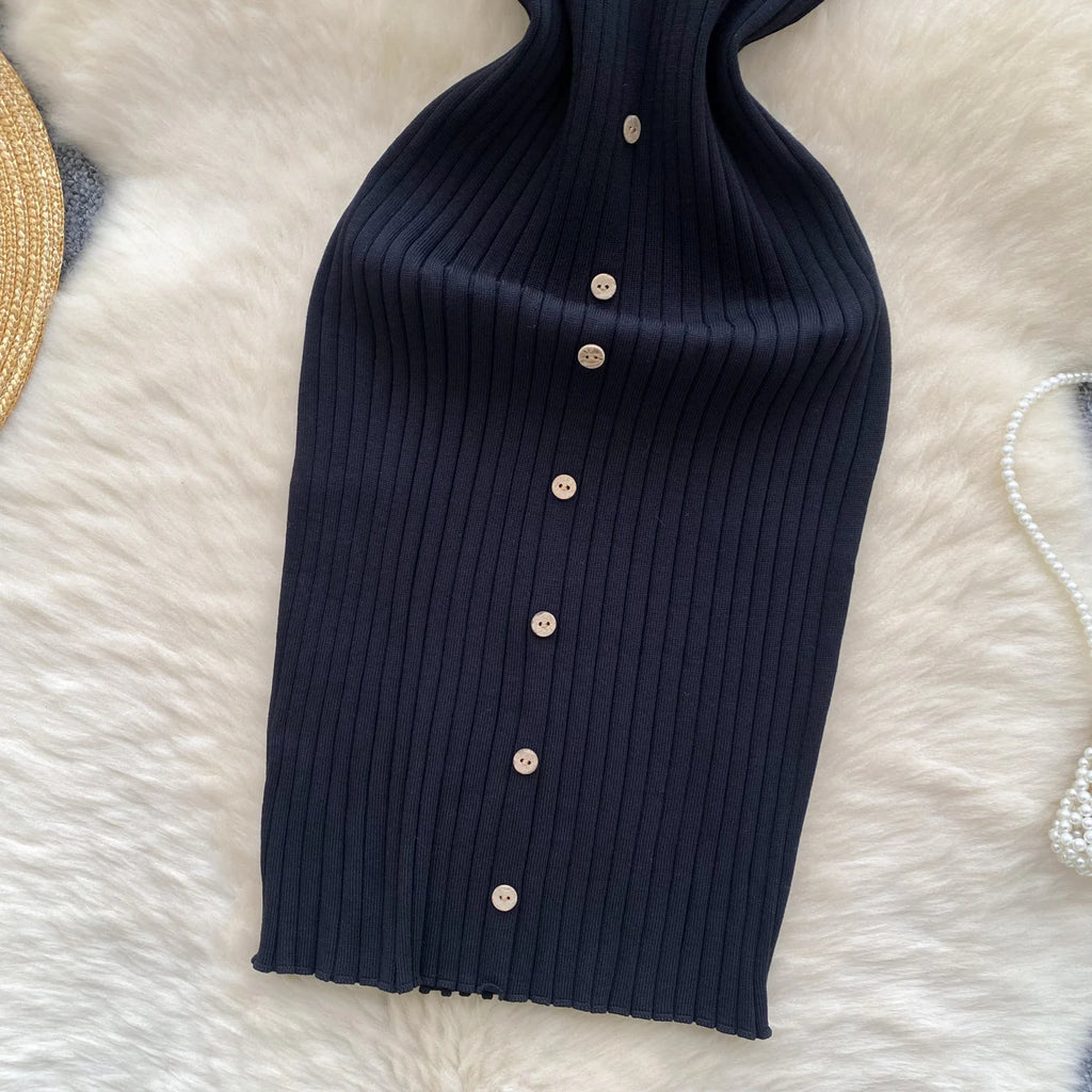 2025 New Pink Solid Button Front Spaghetti Dress Sexy Knit Slash Neck Mini Dress Bodycon Women's Clothing Outfits Ruffles