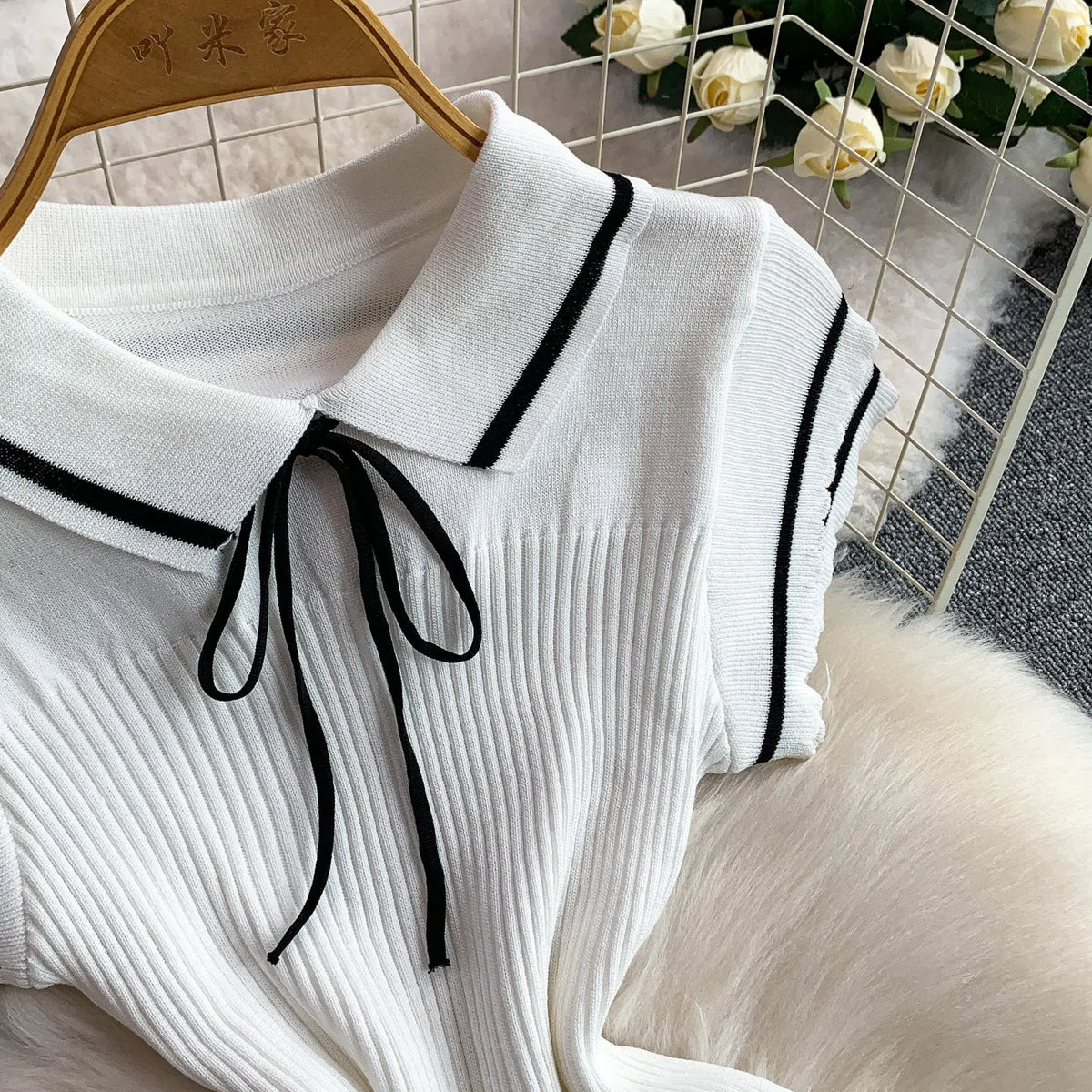 Summer Women Sweet Strechy Sundress Turndown Collar Short Sleeve Knitted Dress Lace Up Bow High Waist A-line Mini Dress