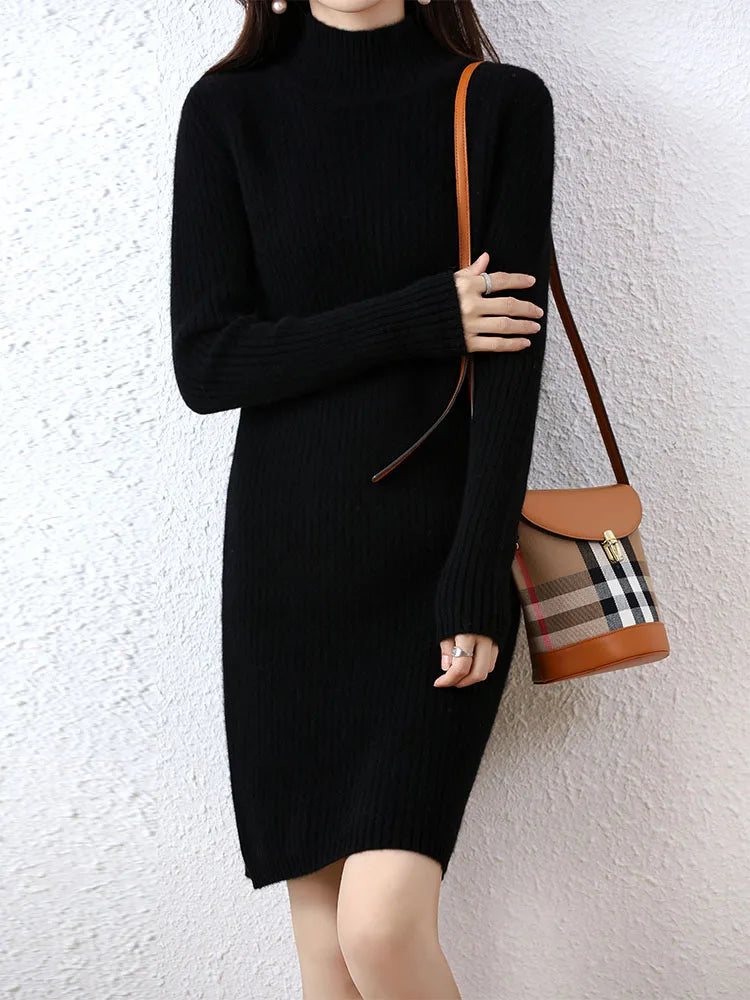 Fashion Cashmere Sweater Womens Knitted Dresses 100% Merino Wool Turtleneck Elegant Dress Autumn Winter Long Sleeve Short Skirts