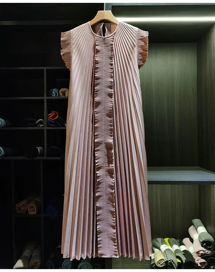 Miyake Pleated Solid Color Dresses High-End 2026 Ruffled Handmade Pleats Solid Color Fold Dress Summer Elegant Sleeveless Dress
