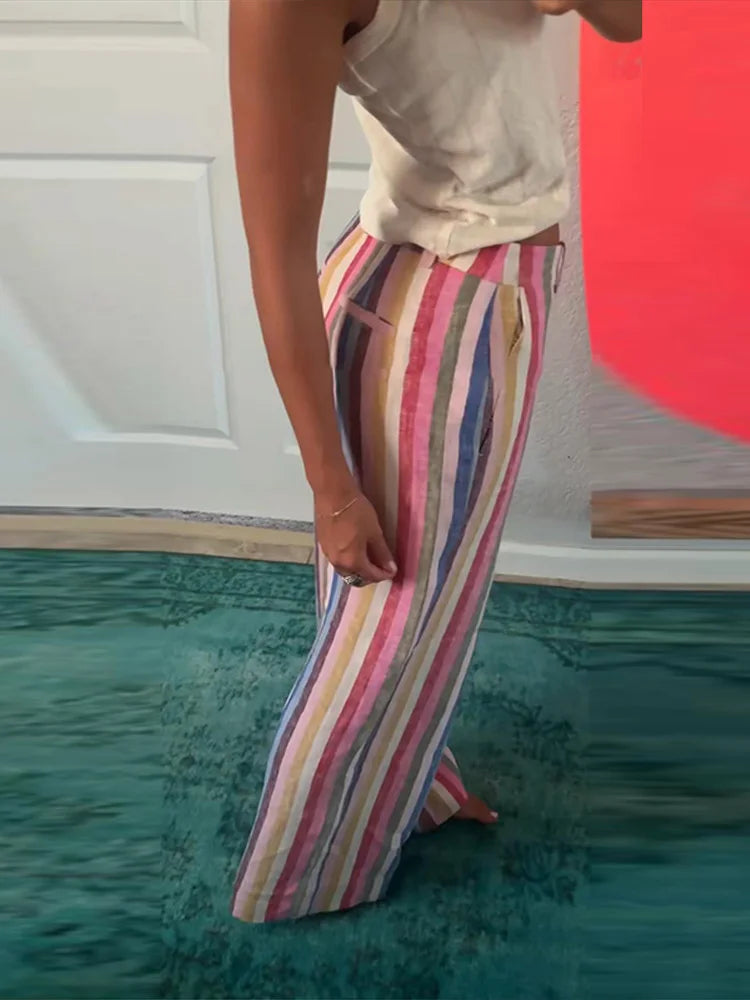 Women's Pants Bohemian Colorful Striped Panelled Wide Leg Trousers Fashion Lady High Waist Multi-color Slim Partywear Streetwear