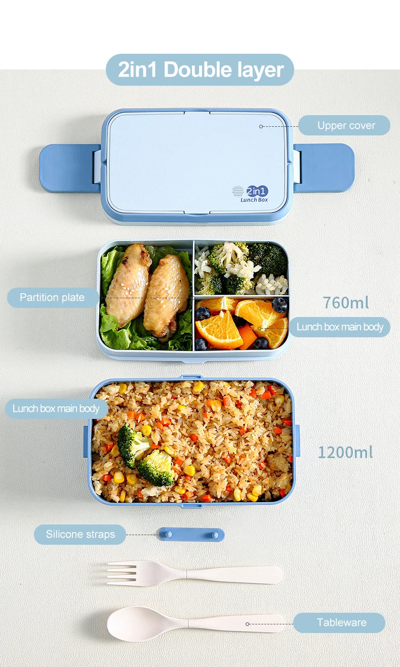 Picnic Lunch Box Bamboo Fiber 3in1 Double Layer Microwavable Bento Box Food Storage Containers school Child Lunch Boxes for Kids