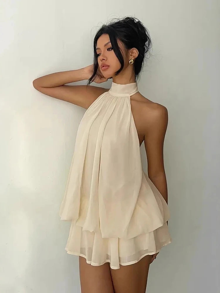 Women Halter Neck Backless Tie Mini Dress Summer Sleeveless Chiffon Ruffle Short Dresses Sexy Club Party Beach Vacation Outfit